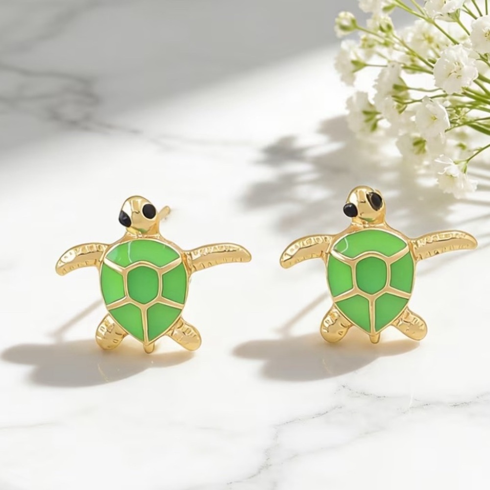 Gold Turtle Stud Earrings with Green Enamel Shell
